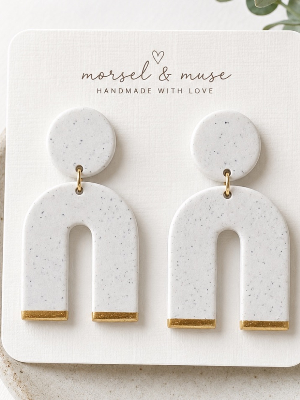 Handmade Polymer Clay Arch Earrings, White Speckled+Gold Accent Statement Dangle